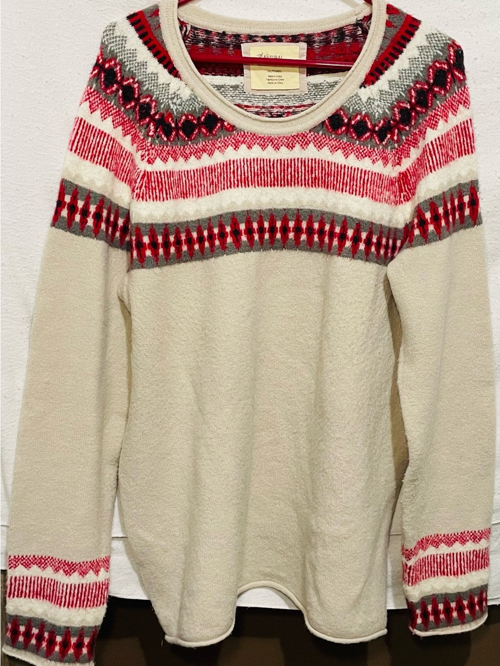 Natural Reflections Cream Fair Isle Crew Sweater with Red & Gray Pattern